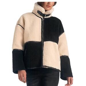 elan Storm Faux Fur Color Block Coat in Off White and Black. Size M